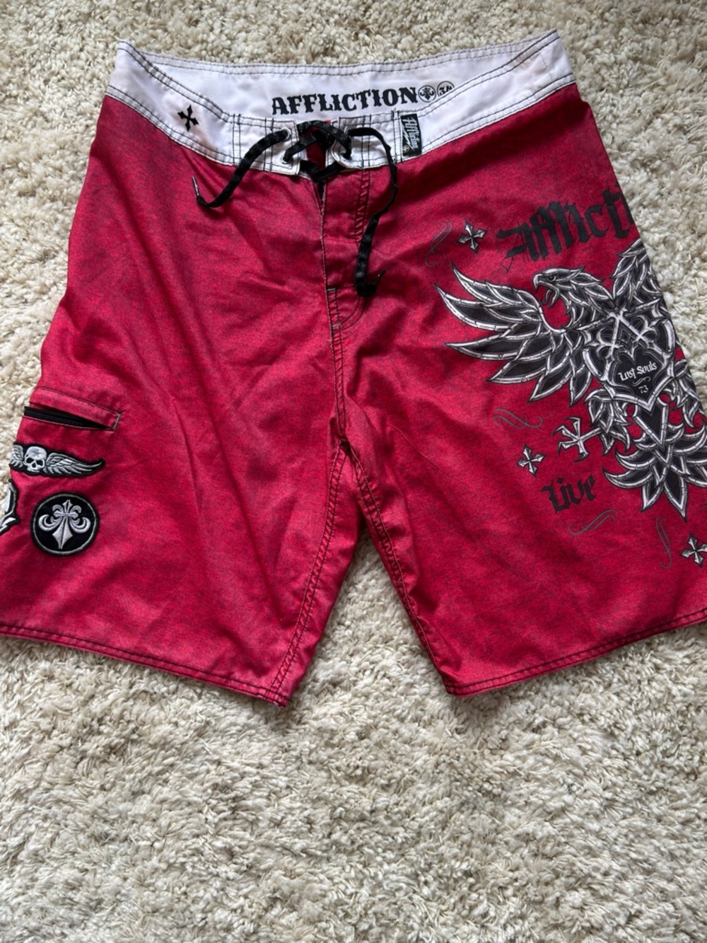 Affliction Red and White Men's Graphic Board Shorts